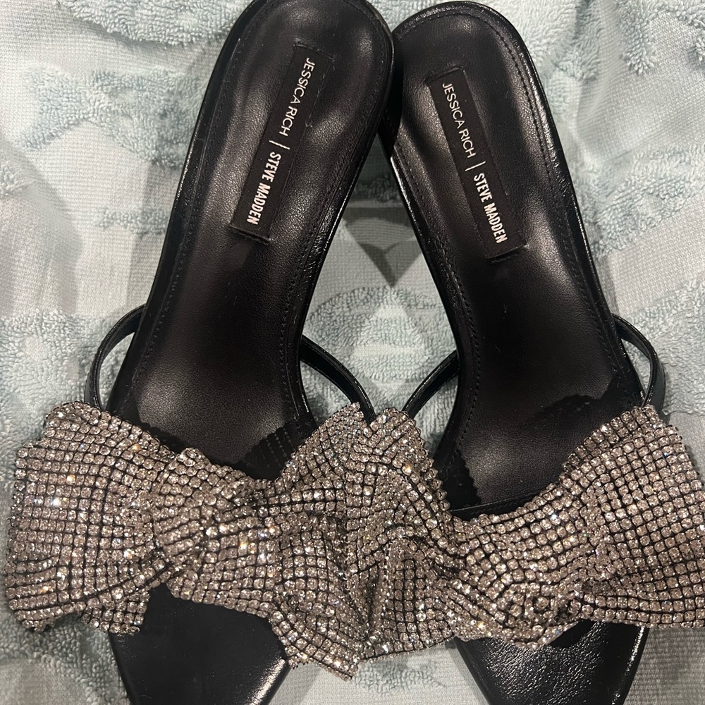 Steve Madden Black and Silver Crystal Slide Sandals